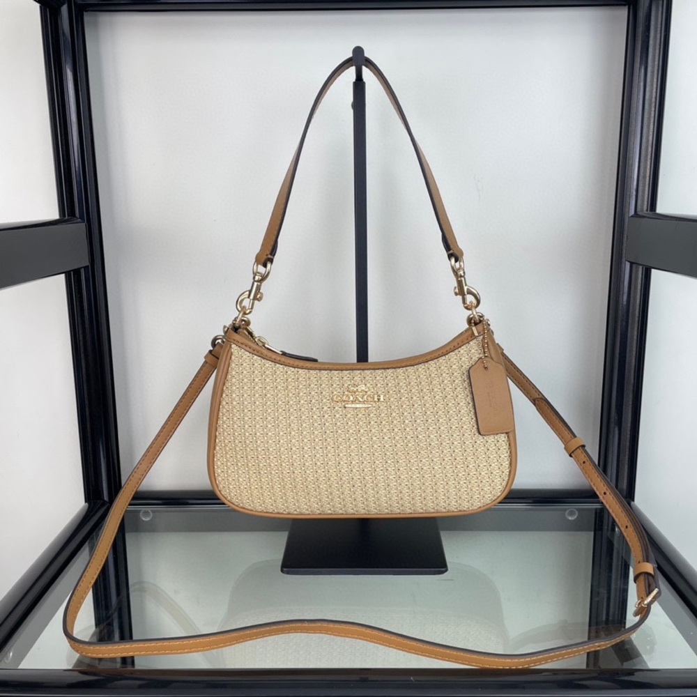 ⭐️COACH CR350 Teri 2way Shoulder Bag Crossbody Straw Leather Latte